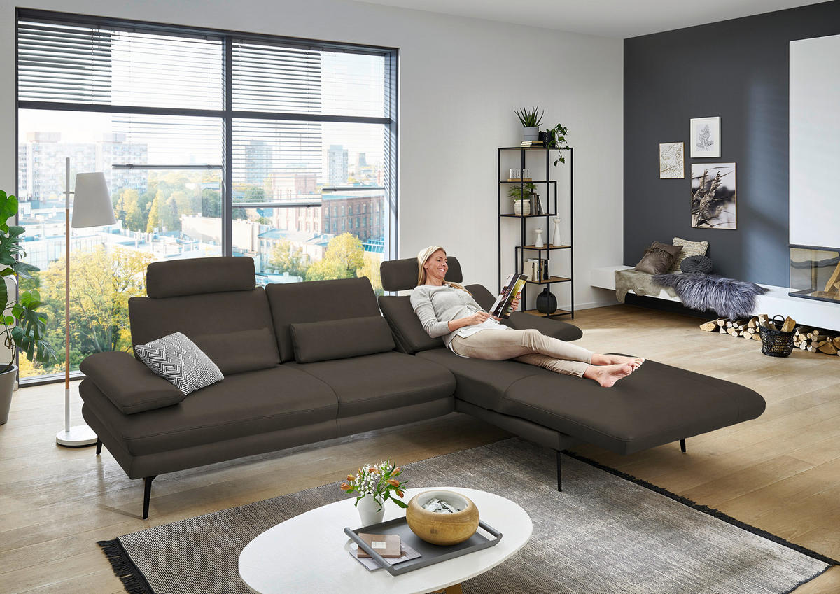 ECKSOFA in Echtleder Graubraun  - Graubraun/Schwarz, Design, Leder/Metall (310/180cm) - Dieter Knoll