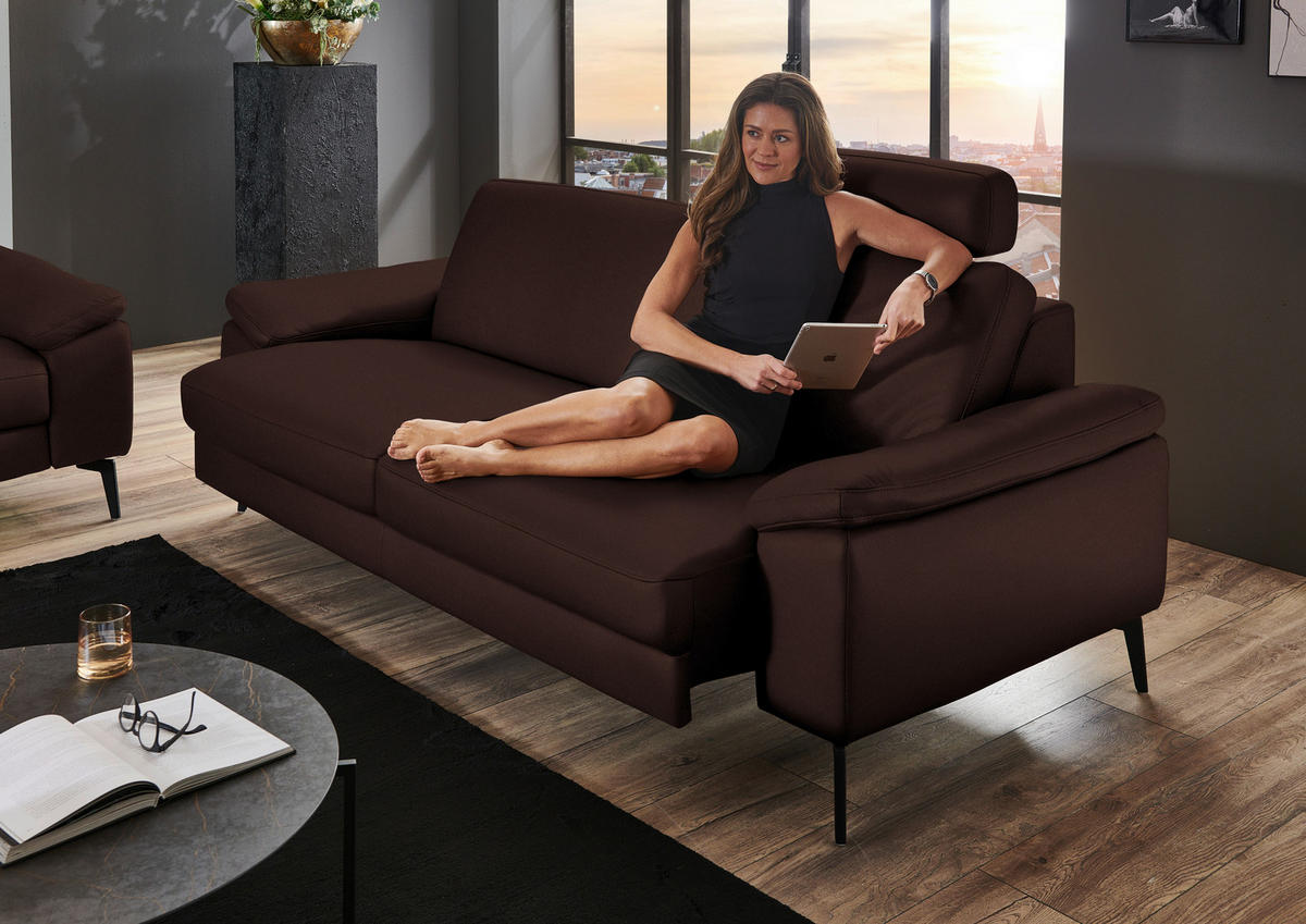 3-SITZER-SOFA in Echtleder Braun  - Schwarz/Braun, Design, Leder/Metall (224/88/100cm) - Valdera