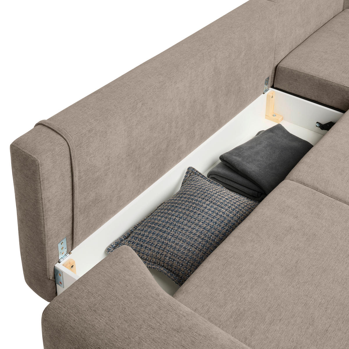 ECKSOFA inkl. Funktionen Greige Webstoff  inkl. Rückenkissen, Bettkasten, Schlaffunktion, Rücken echt  - Wengefarben/Greige, Design, Holz/Textil (314/211cm) - Stylife