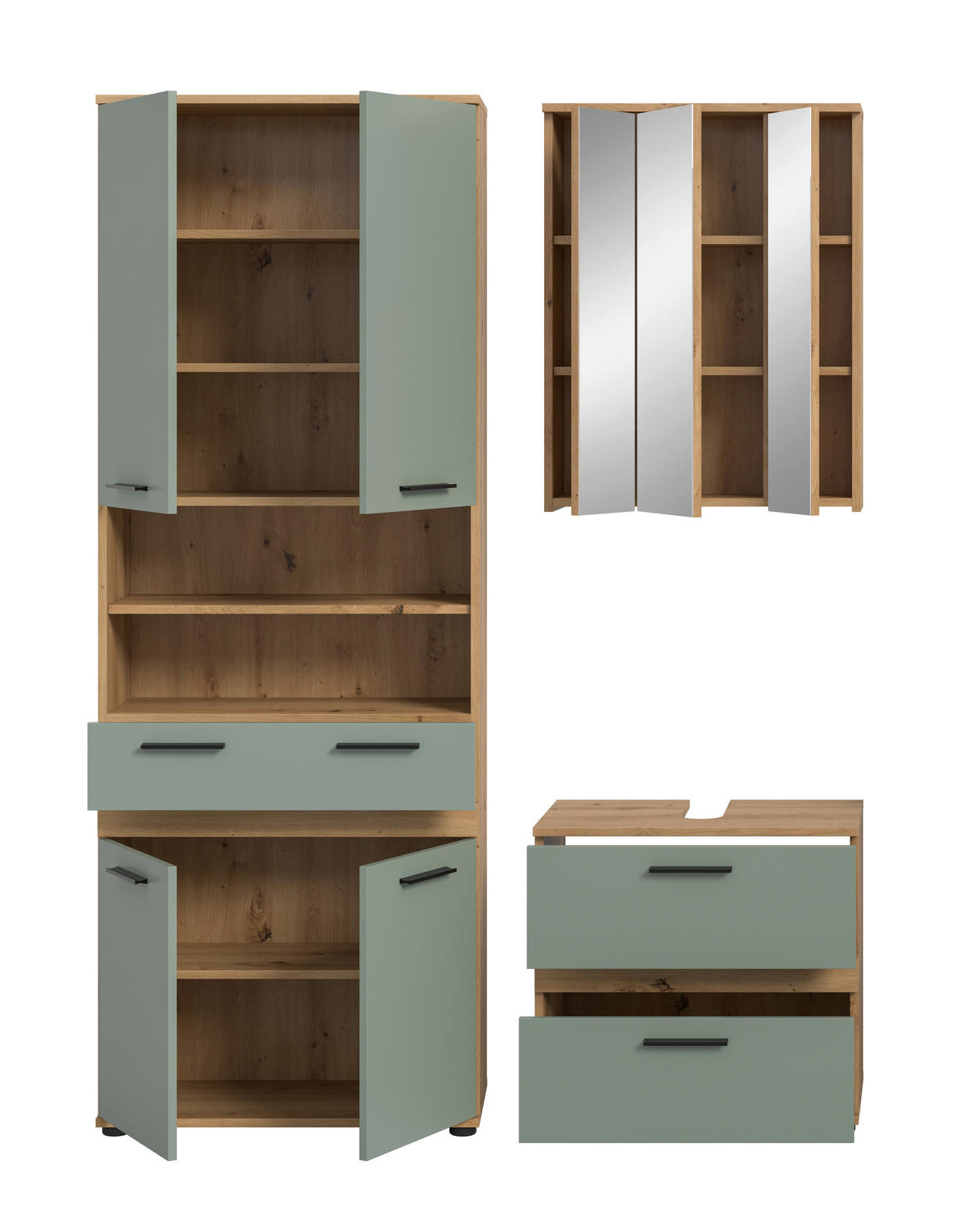 BADEZIMMER 3-teilig  in 145 cm  - Salbeigrün/Schwarz, Trend, Glas/Holzwerkstoff (145cm) - MID.YOU