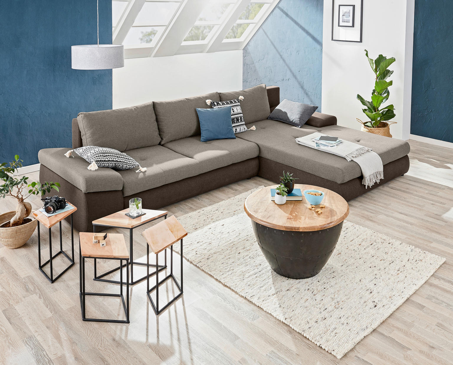 ECKSOFA Braun, Hellbraun Webstoff - Einrichtungsbeispiel