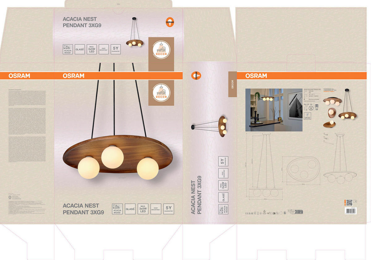 HÄNGELEUCHTE 50/38,5/150 cm  - Akaziefarben, Basics, Glas/Holz (50/38,5/150cm) - Osram