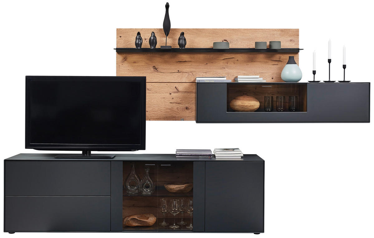 WOHNWAND  in Anthrazit, Eichefarben 313/174/49 cm  - Eichefarben/Anthrazit, Natur, Glas/Holz (313/174/49cm) - Valnatura