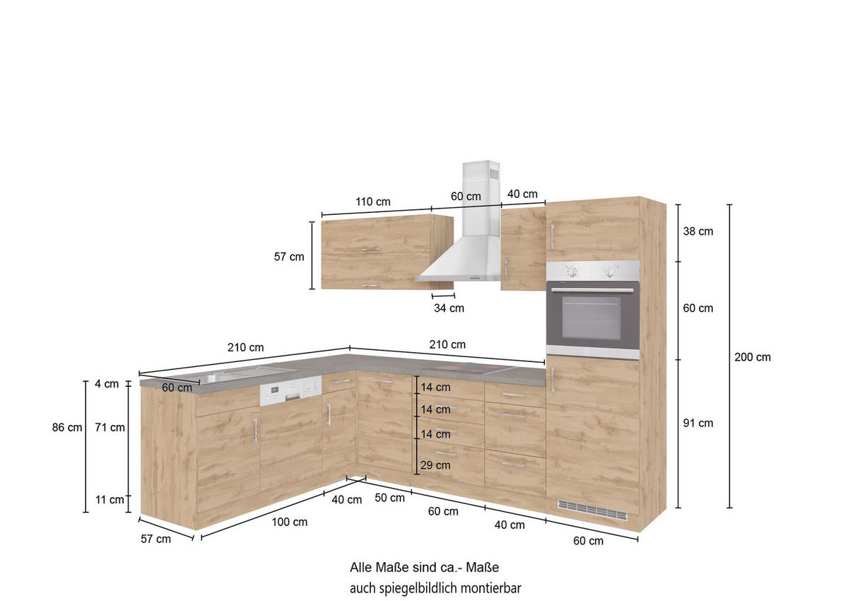 ECKKÜCHE 210/270 cm  in Anthrazit, Eiche Wotan  - Chromfarben/Anthrazit, MODERN, Holzwerkstoff/Metall (210/270cm) - Held