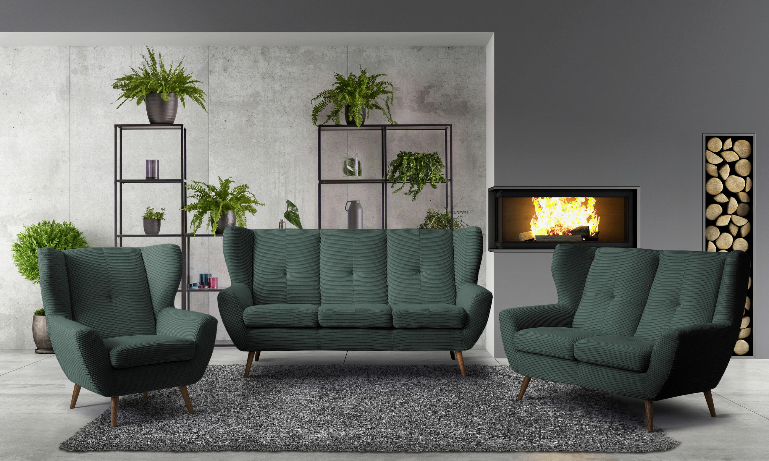 3-SITZER-SOFA Cord Dunkelgrün  - Dunkelgrün/Eichefarben, Design, Holz/Textil (190/102/90cm) - Stylife