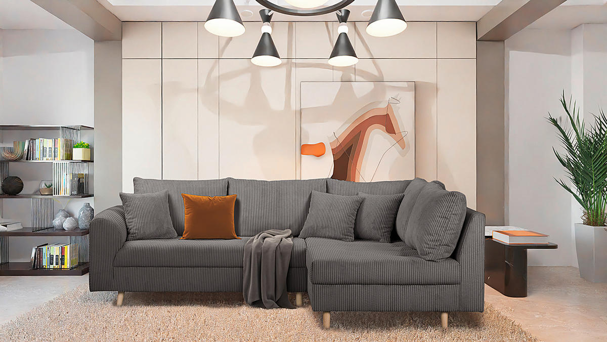 ECKSOFA inkl. Hocker Ariella Dunkelgrau Cord  - Dunkelgrau/Naturfarben, Design, Holz/Textil (231/161cm) - Livetastic