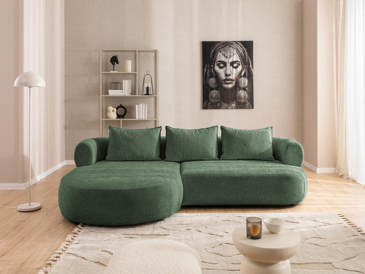 ECKSOFA in Chenille Grün  156/256 cm  - Schwarz/Grün, Design, Kunststoff/Textil (156/256cm) - Livetastic