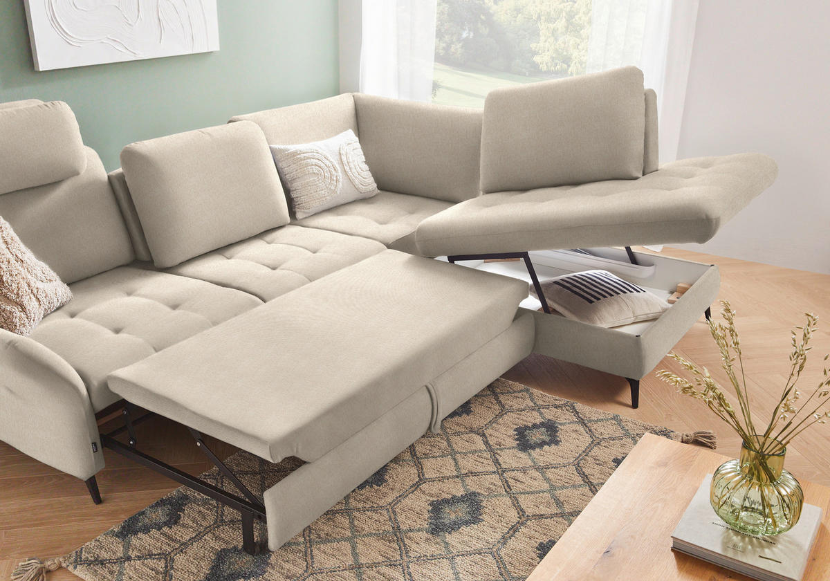 ECKSOFA Beige Chenille  - Beige/Schwarz, Natur, Textil/Metall (288/233cm) - Valnatura