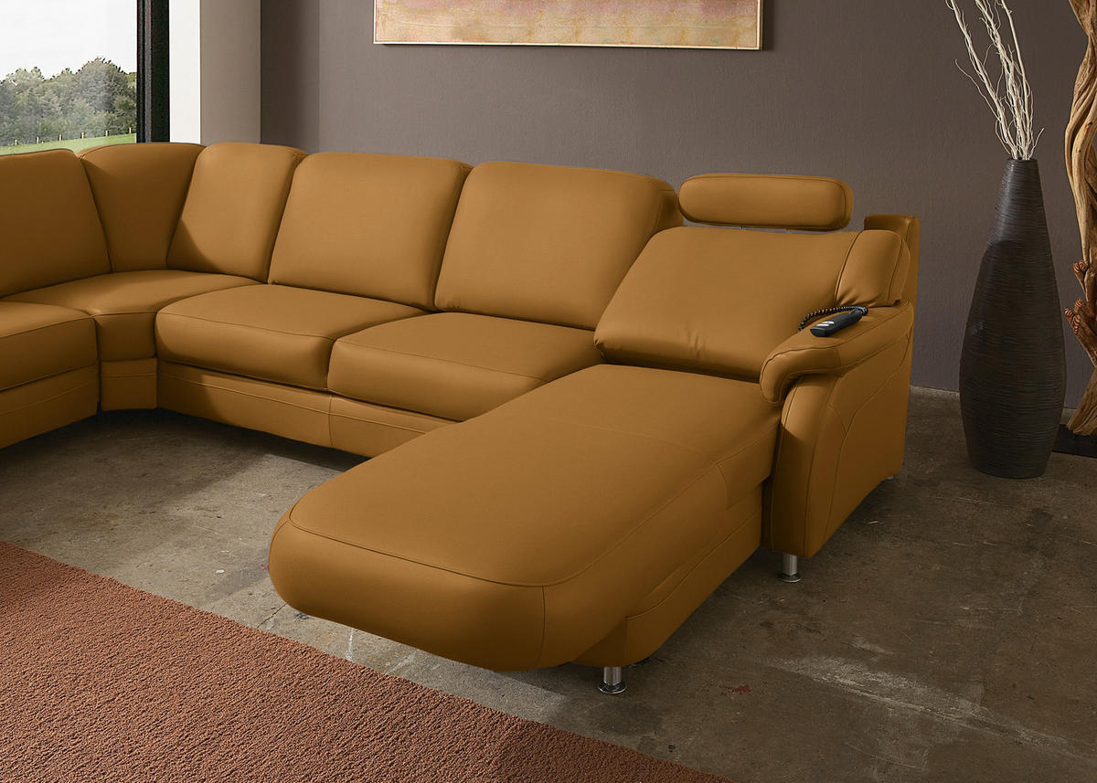 WOHNLANDSCHAFT Echtleder Senfgelb  - Senfgelb/Alufarben, Konventionell, Leder/Metall (239/329/165cm) - Beldomo Premium