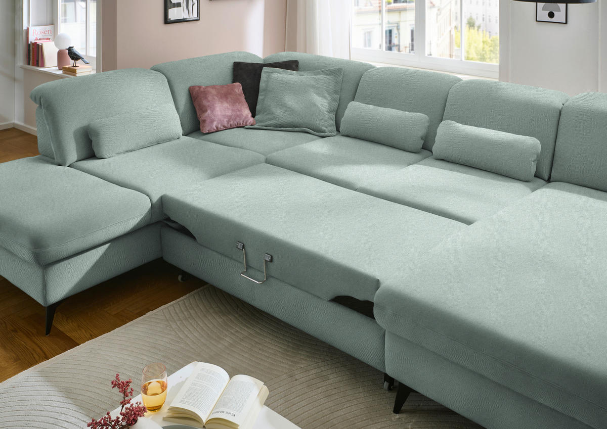 WOHNLANDSCHAFT  in Chenille Mintgrün  - Schwarz/Mintgrün, Design, Textil/Metall (255/369/198cm) - Beldomo Style