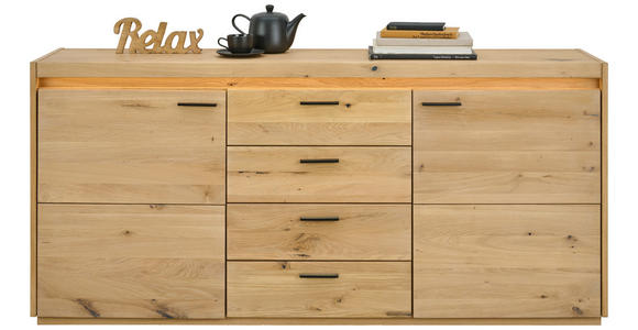 SIDEBOARD Kerneiche furniert, massiv Eichefarben Beleuchtung, Einlegeböden  - Eichefarben/Schwarz, Natur, Holz/Metall (180,2/83,5/41,8cm) - Linea Natura