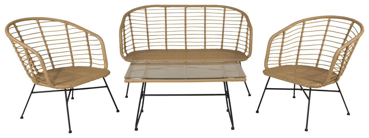 LOUNGEGARNITUR   Stahl  - Beige/Schwarz, KONVENTIONELL, Glas/Kunststoff - Gardenson