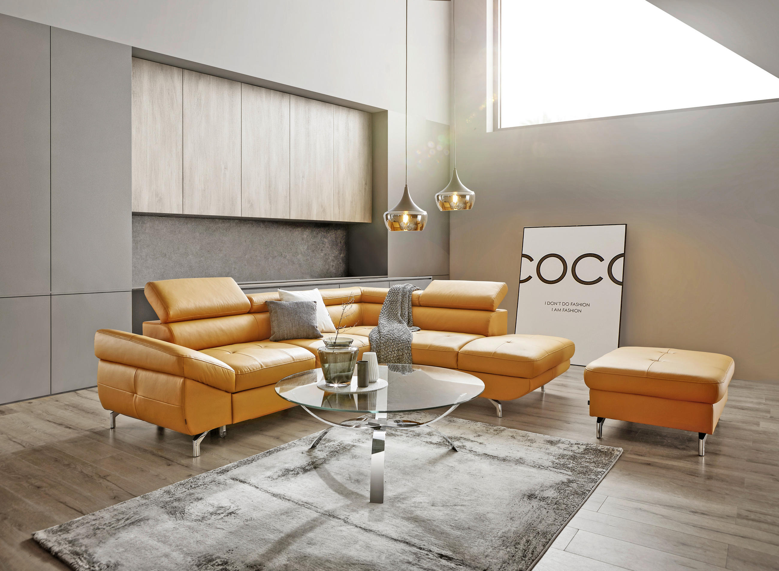 ECKSOFA Currygelb Echtleder  - Currygelb/Silberfarben, Design, Leder/Metall (220/270cm) - Novel