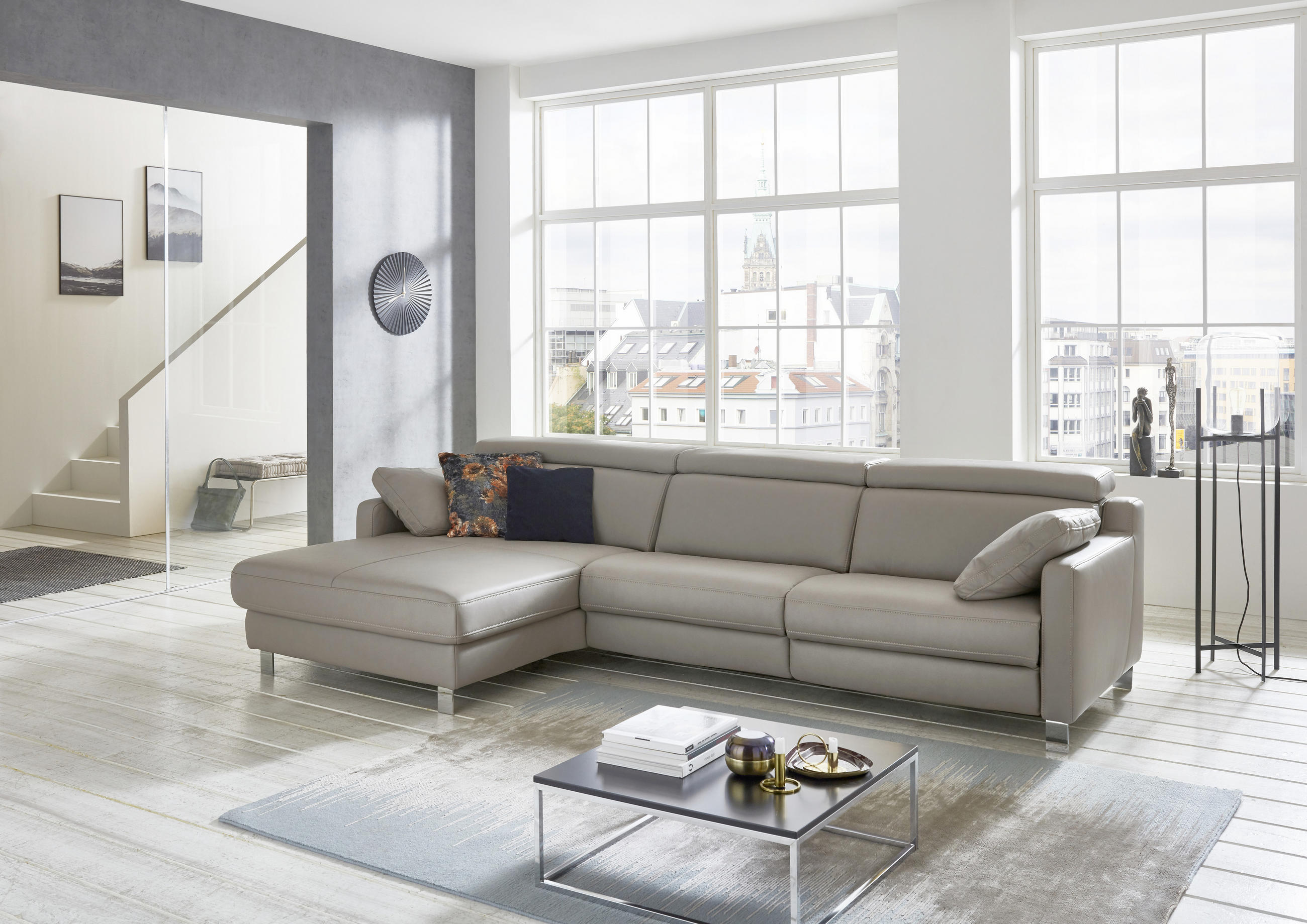ECKSOFA Grau Echtleder - Chromfarben/Grau, Design, Leder/Metall (176/321cm) - Valdera