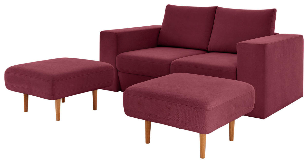 DREISITZER-SOFA inkl. Hocker in Webstoff Rot, Beere  - Eichefarben/Beere, Design, Holz/Textil (212/96/107cm) - LOOKS by W.Joop