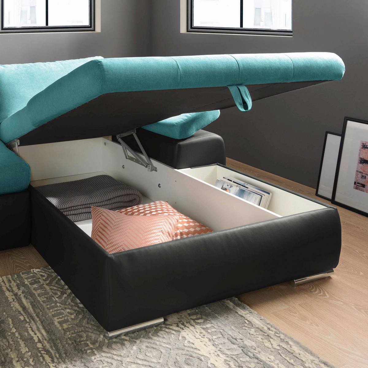 ECKSOFA in Flachgewebe Schwarz, Türkis  271/175 cm  - Türkis/Schwarz, Design, Kunststoff/Textil (271/175cm) - Xora