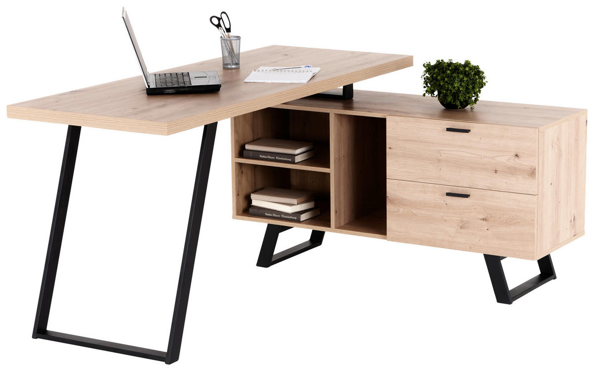 ECKSCHREIBTISCH 150/60/75 cm  in Schwarz, Eichefarben  - Eichefarben/Schwarz, MODERN, Holzwerkstoff/Metall (150/60/75cm) - MID.YOU