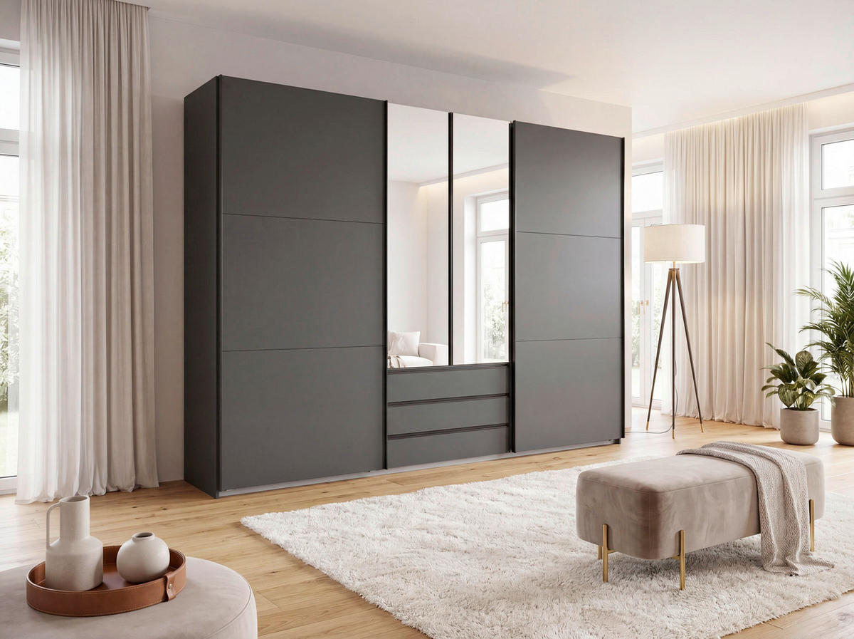 SCHWEBETÜRENSCHRANK  in Graphitfarben  - Schwarz/Graphitfarben, MODERN, Glas/Holzwerkstoff (300/216/65cm) - P & B