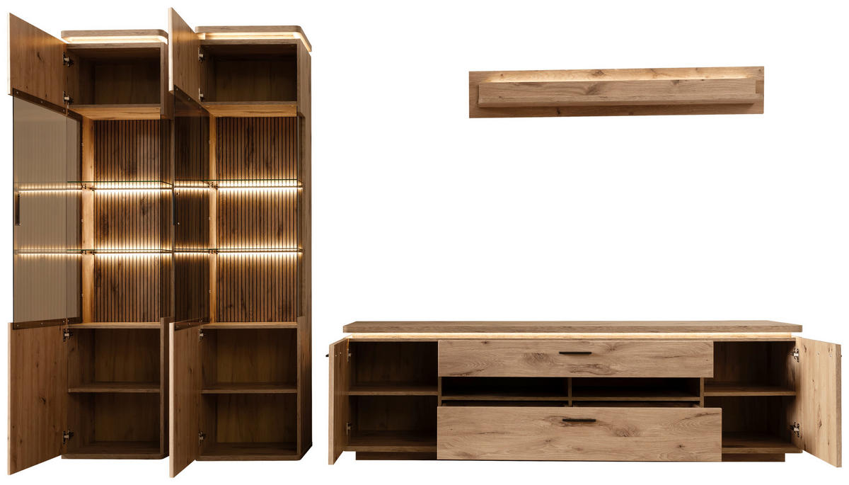 WOHNWAND 4-teilig  in Eichefarben  330/208/50 cm  - Eichefarben/Anthrazit, KONVENTIONELL, Glas/Holzwerkstoff (330/208/50cm) - Cantus