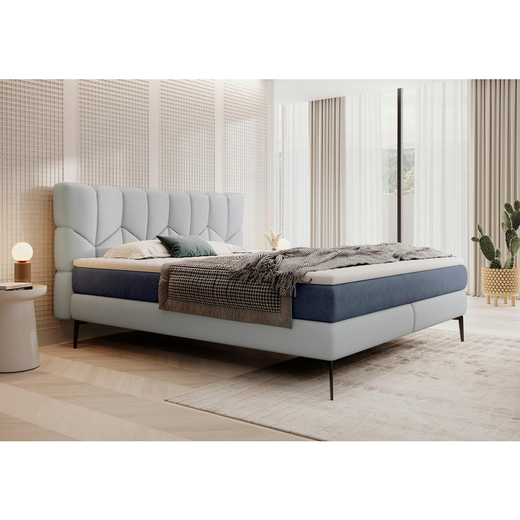 Thumbnail - Esposa Boxspringbett, Hellblau, Dunkelblau, Textil, Kombination Echtleder/Stoff,Echtleder, Rindleder, H2 + H3, 7-Zonen, ...