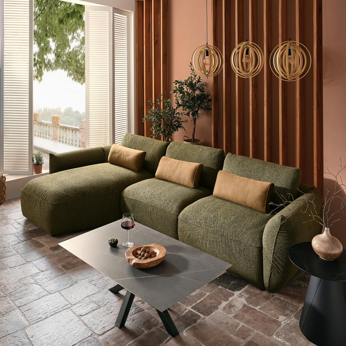 ECKSOFA Dunkelgrün Chenille  - Dunkelgrün/Schwarz, Design, Kunststoff/Textil (190/340cm) - Belluti