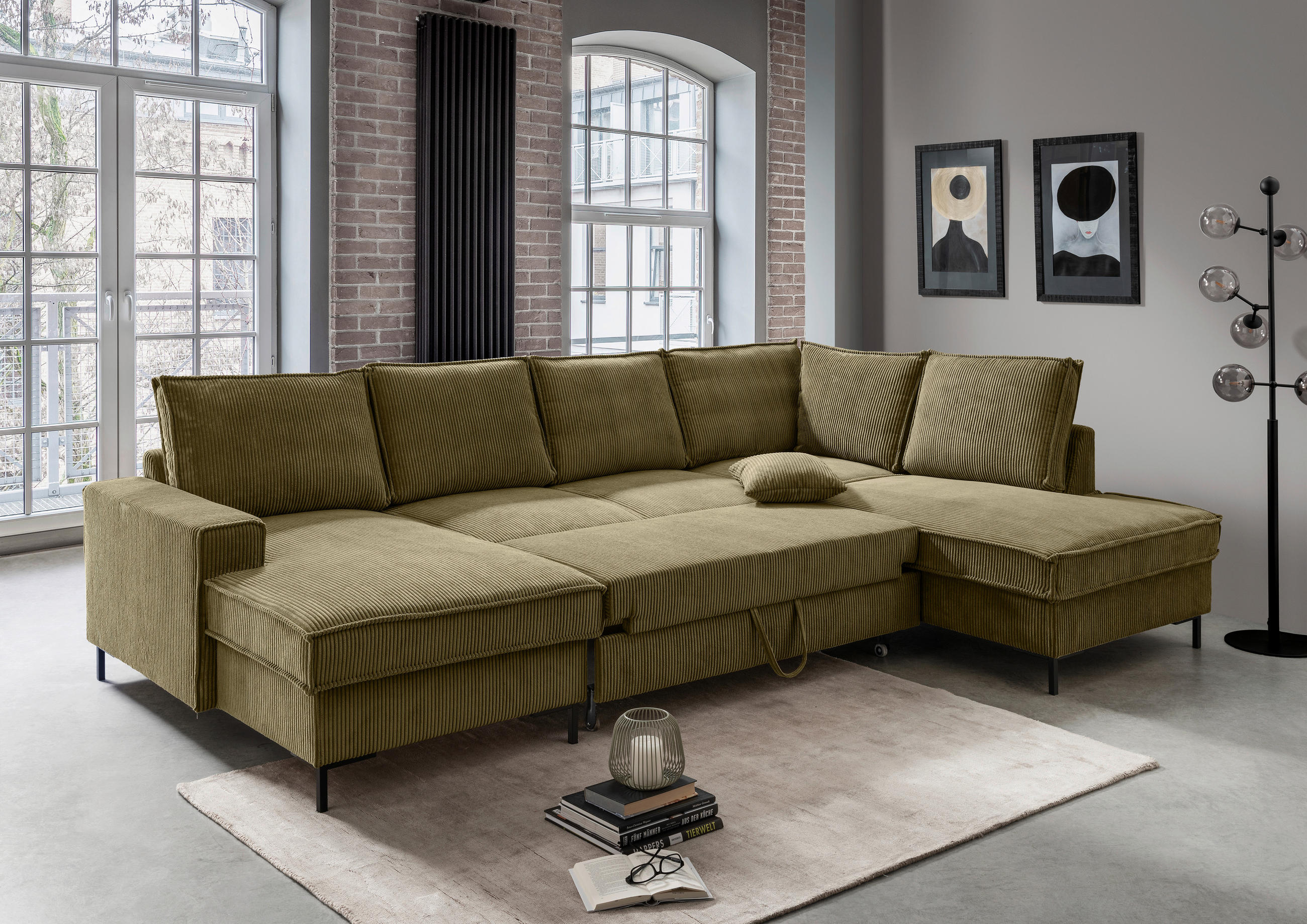 WOHNLANDSCHAFT Olivgrün Cord  - Schwarz/Olivgrün, MODERN, Textil/Metall (150/309/198cm) - MID.YOU