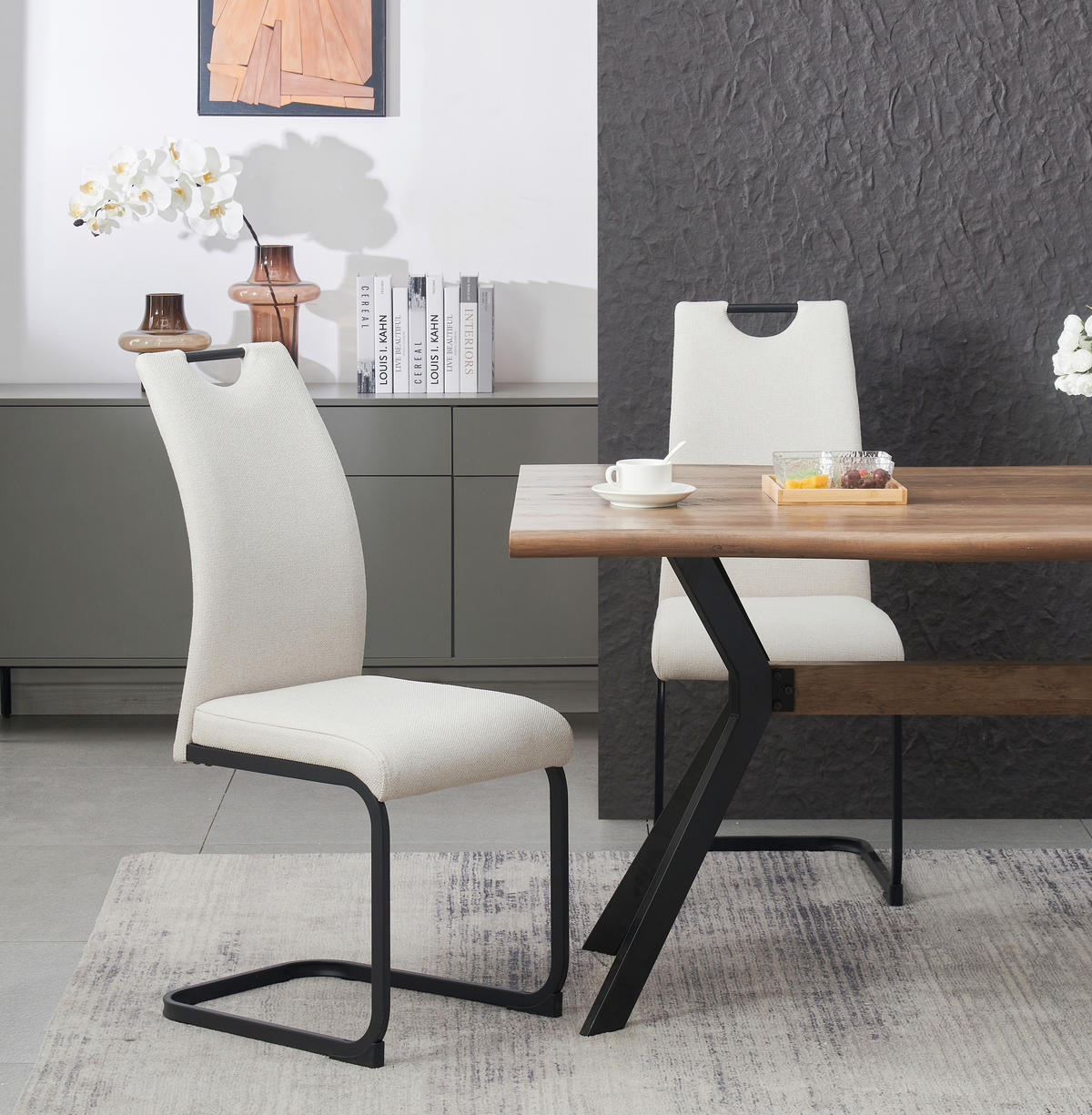 SCHWINGSTUHL-SET 2 Stück  in Webstoff  - Creme/Schwarz, MODERN, Textil/Metall (43/98/59cm) - MID.YOU