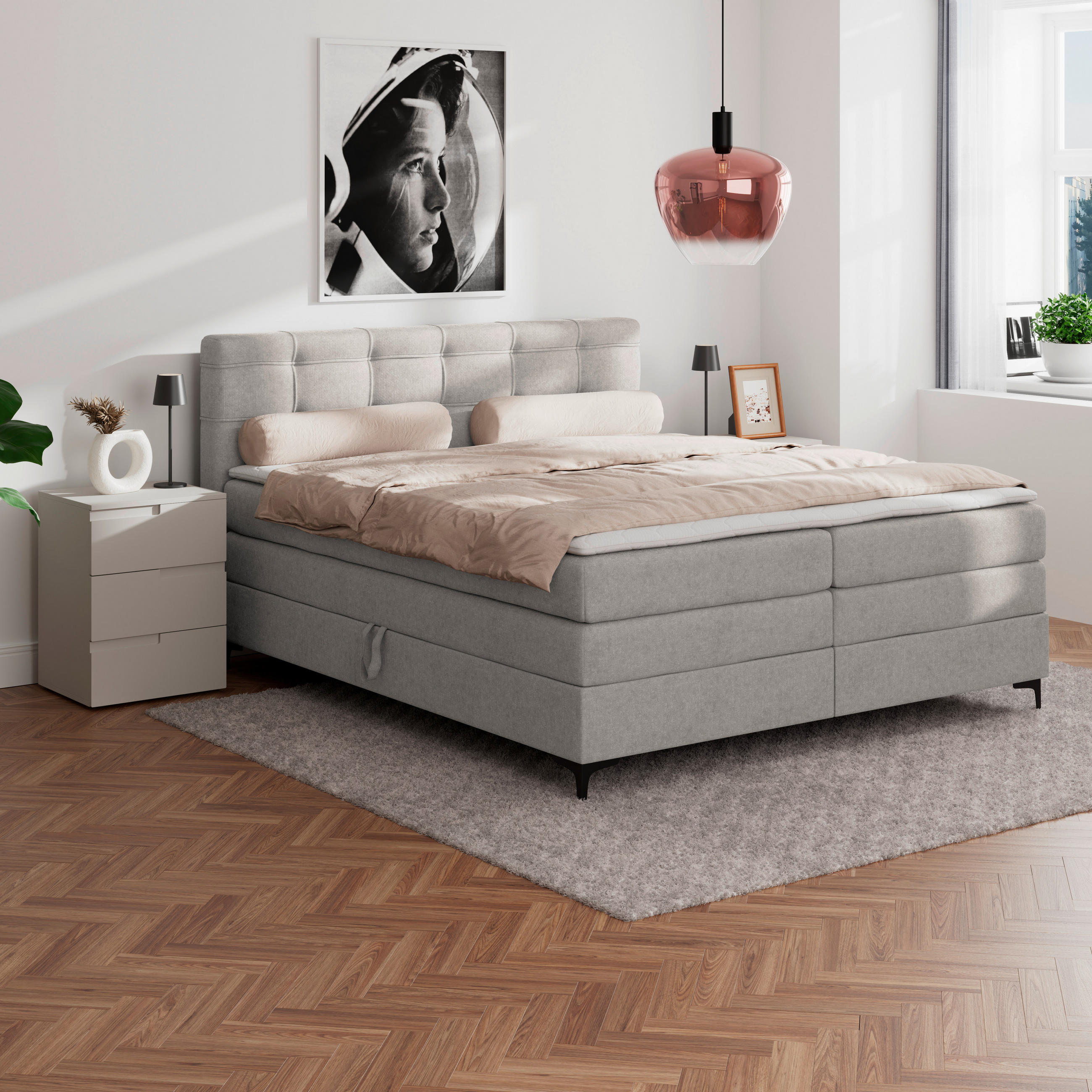 BOXSPRINGBETT 160/200 cm,  in Lavagrau, H3 = fest  - Lavagrau/Schwarz, KONVENTIONELL, Kunststoff/Textil (160/200cm)