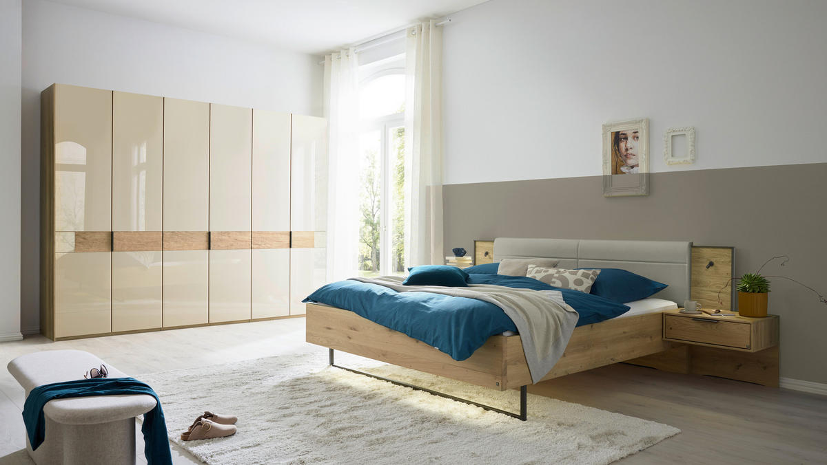 DREHTÜRENSCHRANK 300/216/58 cm,  in Champagner, Eiche Bianco, 6 Tür(en)  - Schieferfarben/Eiche Bianco, Design, Glas/Holz (300/216/58cm) - Musterring