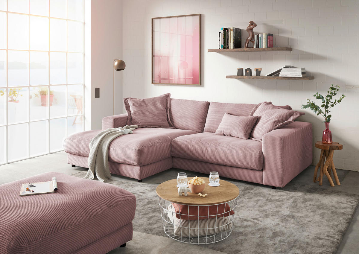 ECKSOFA in Cord Rosa  - Schwarz/Rosa, Design, Kunststoff/Textil (190/250cm) - Pure Home Lifestyle