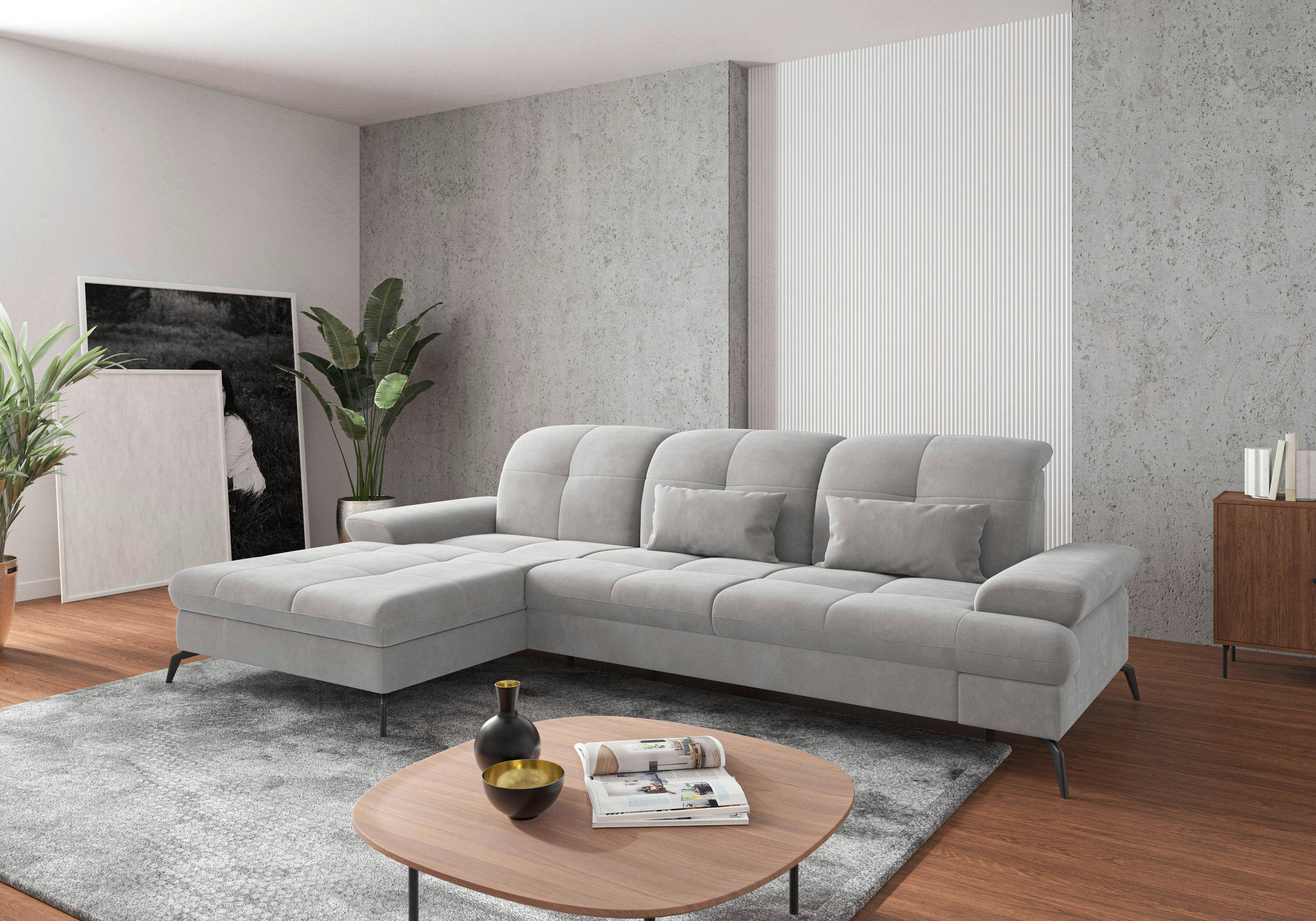 ECKSOFA in Flachgewebe Silberfarben  - Silberfarben/Schwarz, Konventionell, Textil/Metall (185/279cm) - Sit & More