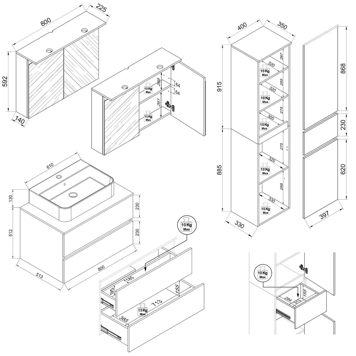 BADEZIMMER 4-teilig  in 120 cm  - Honigeiche/Weiß, Trend, Keramik/Holzwerkstoff (120cm) - MID.YOU