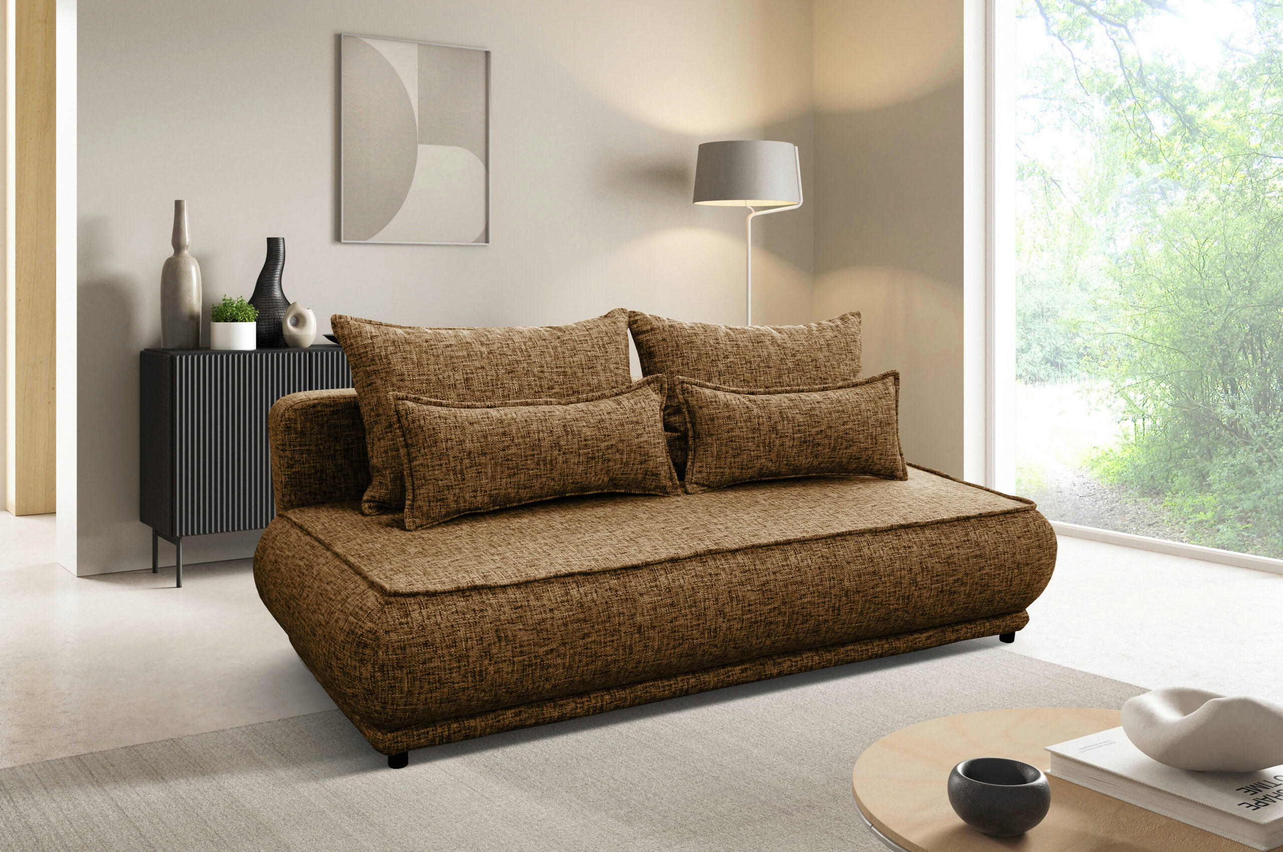 SCHLAFSOFA in Plüsch Braun  - Beige/Schwarz, Design, Kunststoff/Textil (214/96/105cm) - MID.YOU