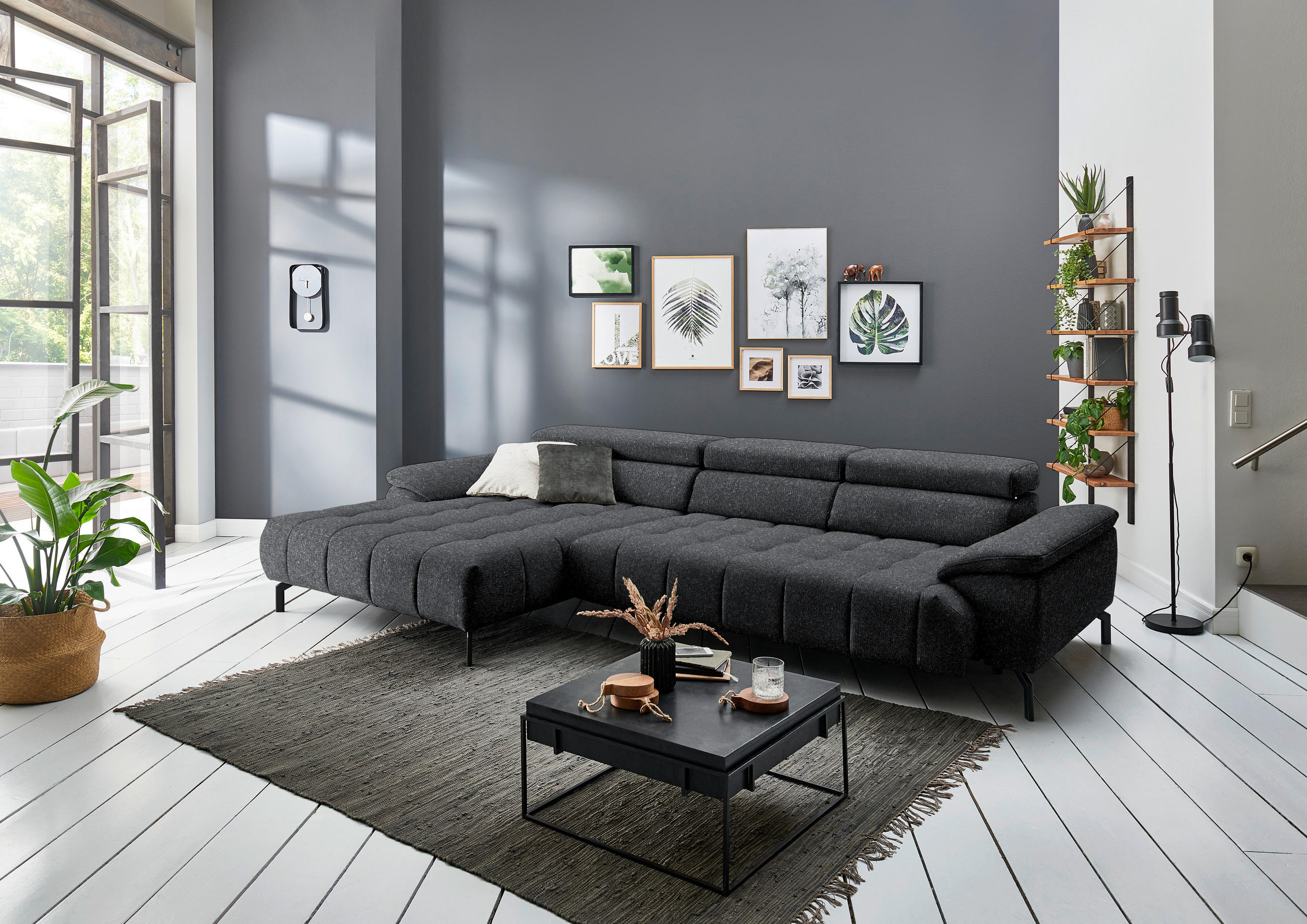 ECKSOFA in Chenille Anthrazit  190/329 cm  - Anthrazit/Schwarz, Design, Textil/Metall (190/329cm) - Beldomo Style