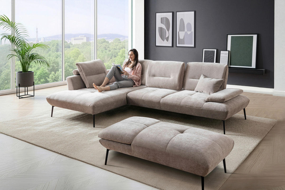 ECKSOFA Taupe Chenille Rücken echt, Sitztiefenverstellung  - Taupe/Schwarz, Design, Textil/Metall (190/320cm) - Moderano