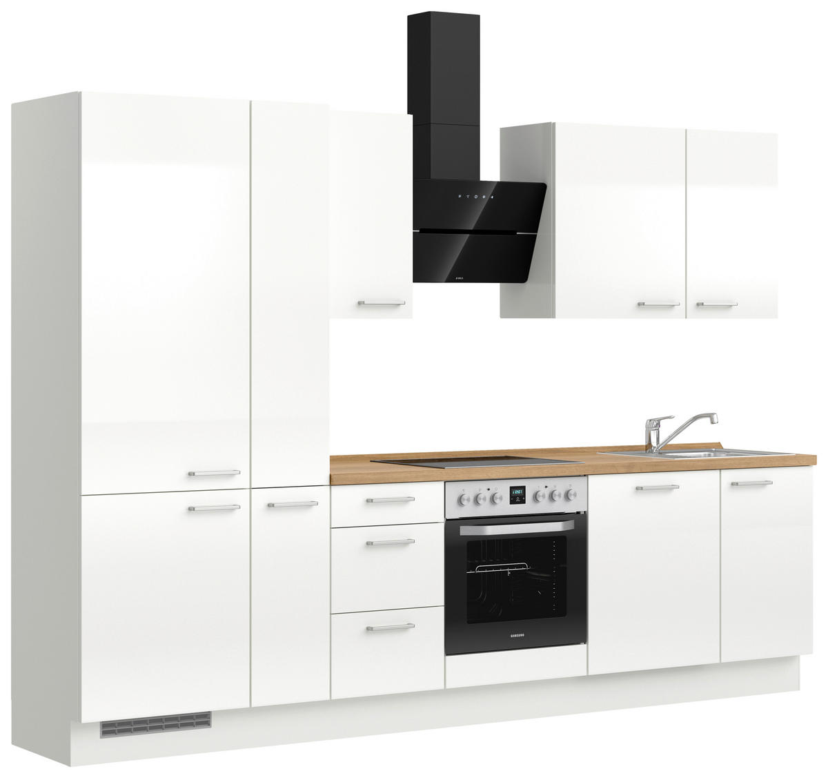 KÜCHENBLOCK 300 cm   in Eichefarben, Weiß Hochglanz  - Edelstahlfarben/Eichefarben, MODERN, Holzwerkstoff/Metall (300cm) - Nobilia