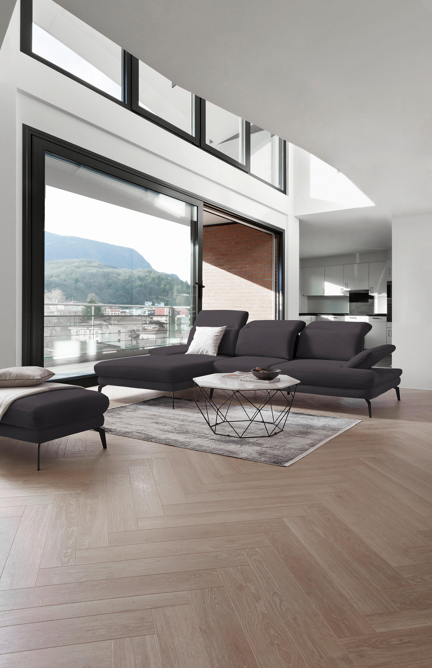 ECKSOFA in Flachgewebe Dunkelgrau  - Dunkelgrau/Schwarz, Design, Textil/Metall (180/289cm) - Stylife