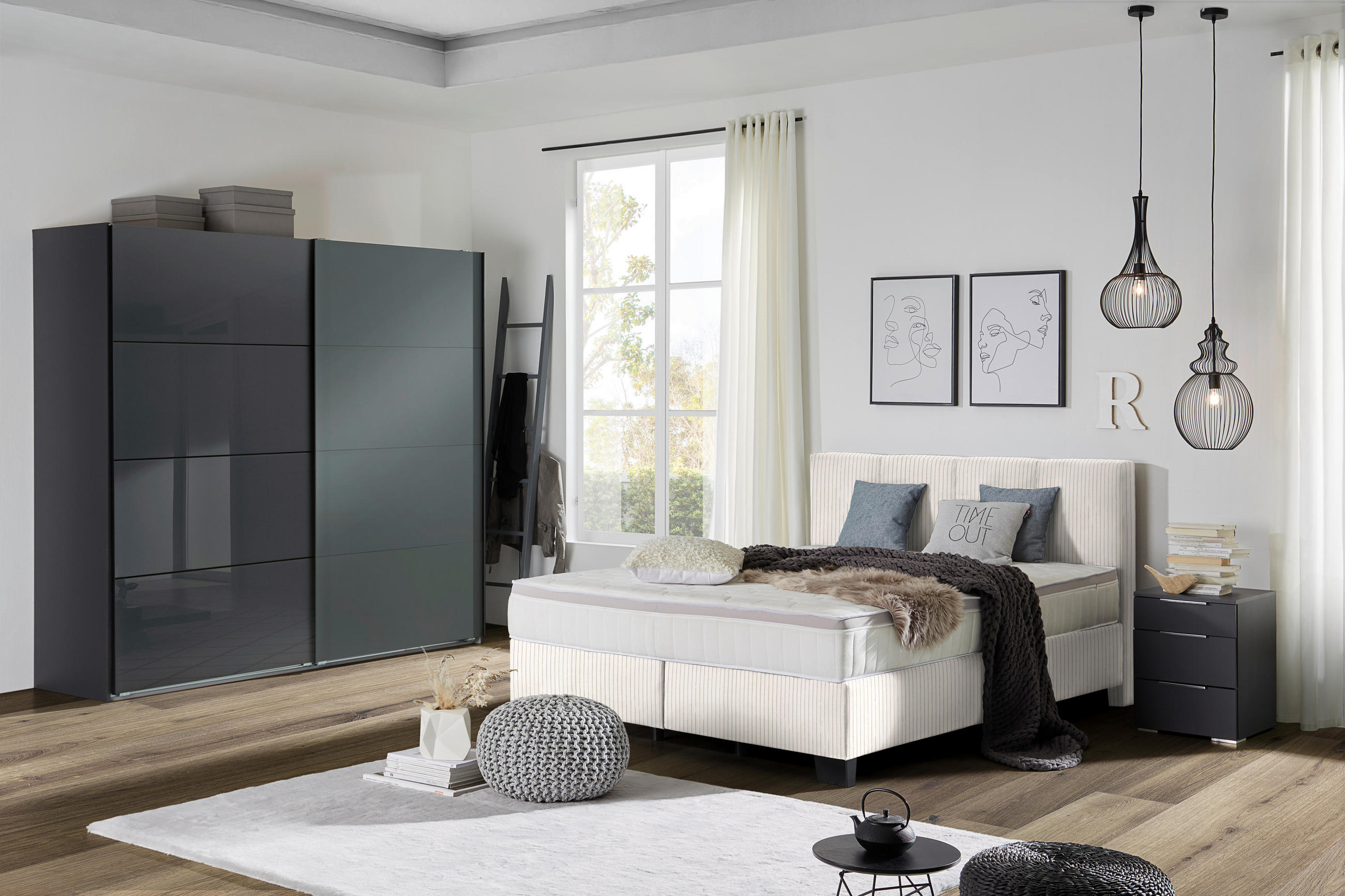 BOXSPRINGBETT 180/200 cm  in Creme  - Creme/Schwarz, Design, Kunststoff/Textil (180/200cm) - Hom`in