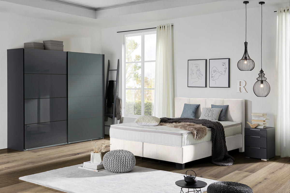BOXSPRINGBETT 180/200 cm  in Creme  - Creme/Schwarz, Design, Kunststoff/Textil (180/200cm) - Hom`in