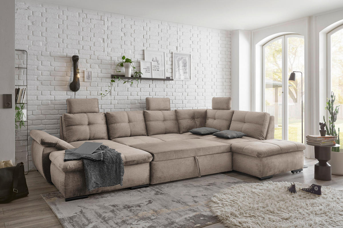 WOHNLANDSCHAFT Creme Mikrovelours  - Creme/Schwarz, KONVENTIONELL, Kunststoff/Textil (127/334/217cm) - Carryhome