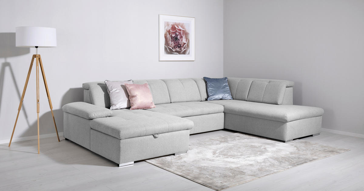 WOHNLANDSCHAFT Hellgrau  - Hellgrau/Grau, Design, Textil/Metall (173/328/215cm) - MID.YOU