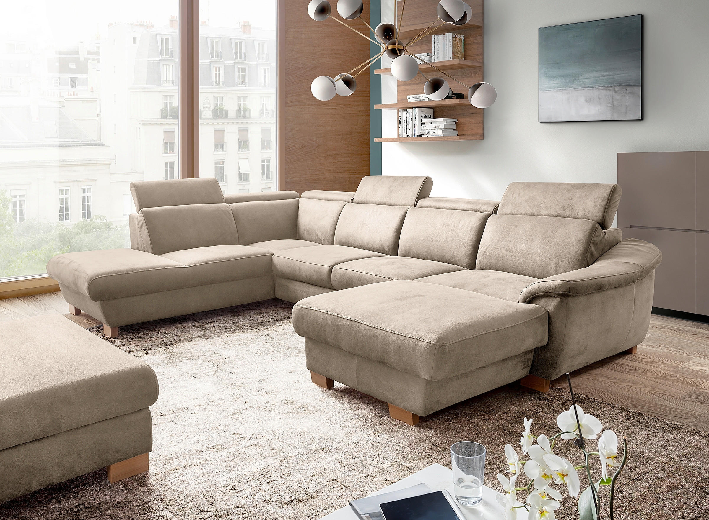 WOHNLANDSCHAFT Mikrofaser Taupe  - Taupe/Naturfarben, Design, Holz/Textil (273/347/238cm) - Livetastic