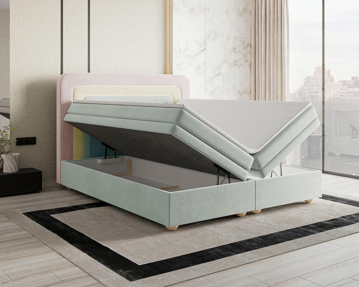 BOXBETT 180/200 cm,  in Rosa, Hellgrün, Mintgrün, gepolstertes Kopfteil, Bettkasten, Topper, H2 + H3 = mittel + fest  - Braun/Rosa, MODERN, Holz/Kunststoff (180/200cm) - Livetastic