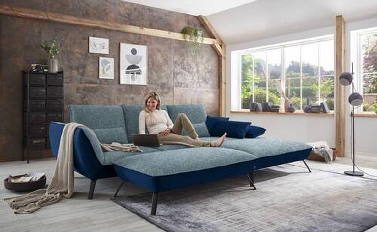 ECKSOFA  in Flachgewebe Blau  301/191 cm  - Blau/Schwarz, Design, Textil/Metall (301/191cm) - Moderano