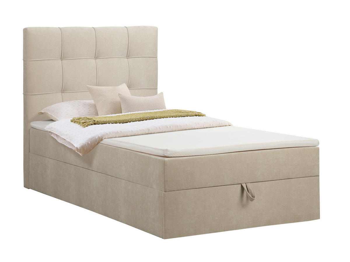 BOXBETT 100/200 cm,  in Beige, Matratze, gepolstertes Kopfteil, Bettkasten, Topper, H3 = fest  - Beige/Schwarz, Basics, Kunststoff/Textil (100/200cm) - Chameo