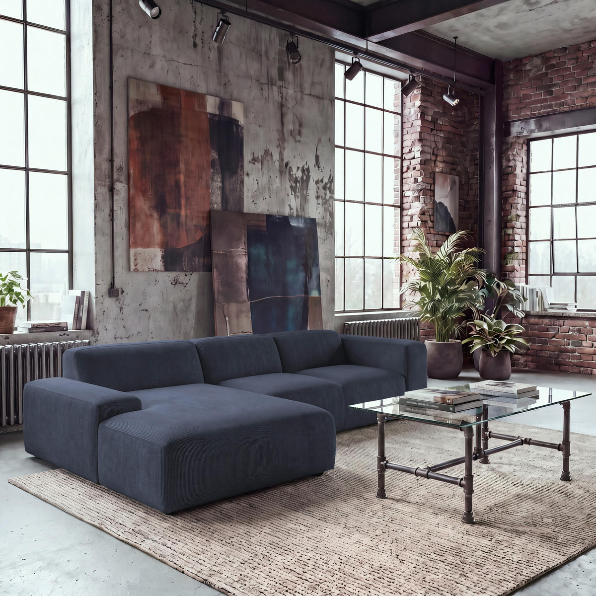 ECKSOFA HANNAH Blau Cord  - Blau/Schwarz, Design, Kunststoff/Textil (200/304cm) - MID.YOU