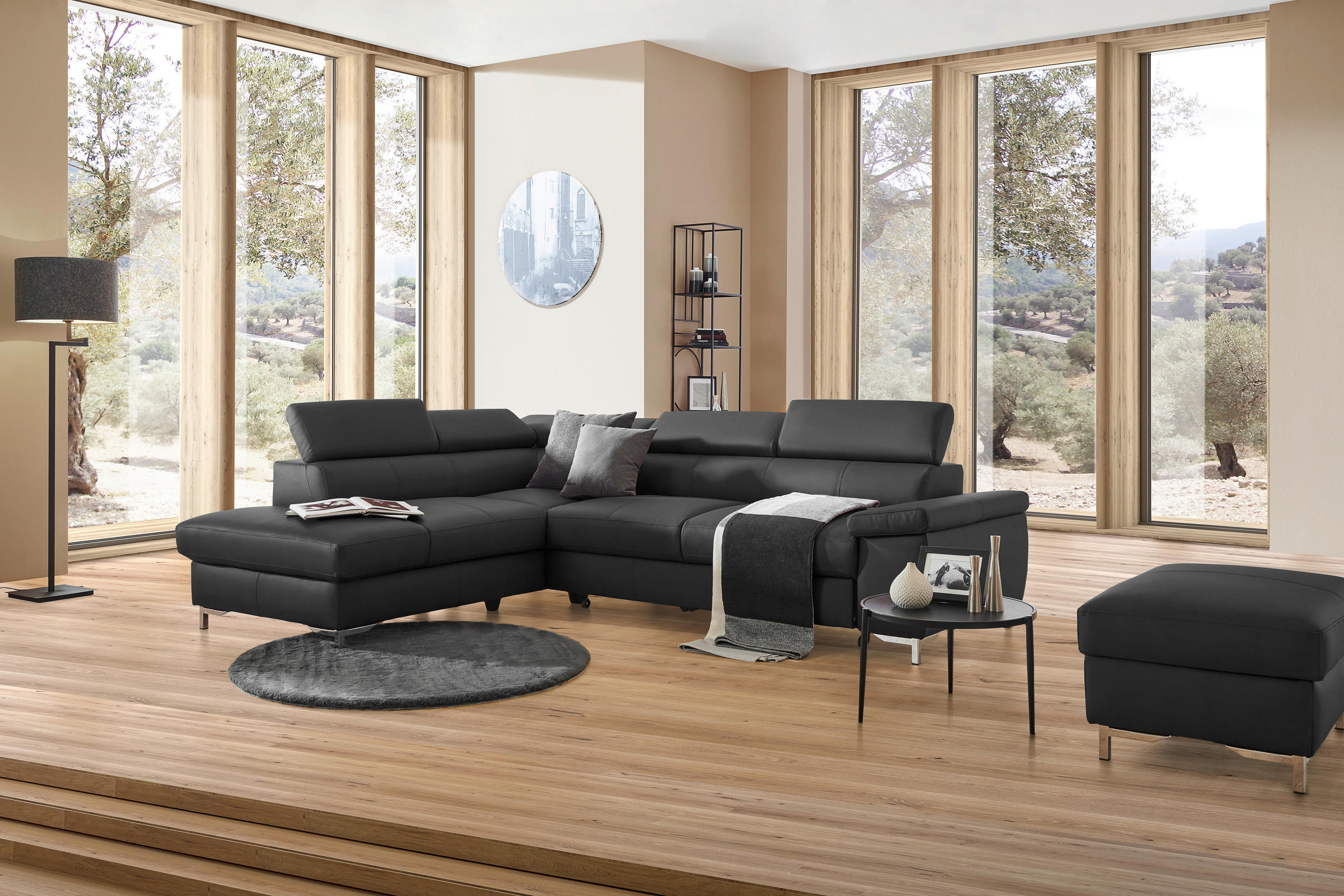 ECKSOFA in Echtleder Schwarz  - Chromfarben/Schwarz, Design, Leder/Metall (213/268cm) - Stylife