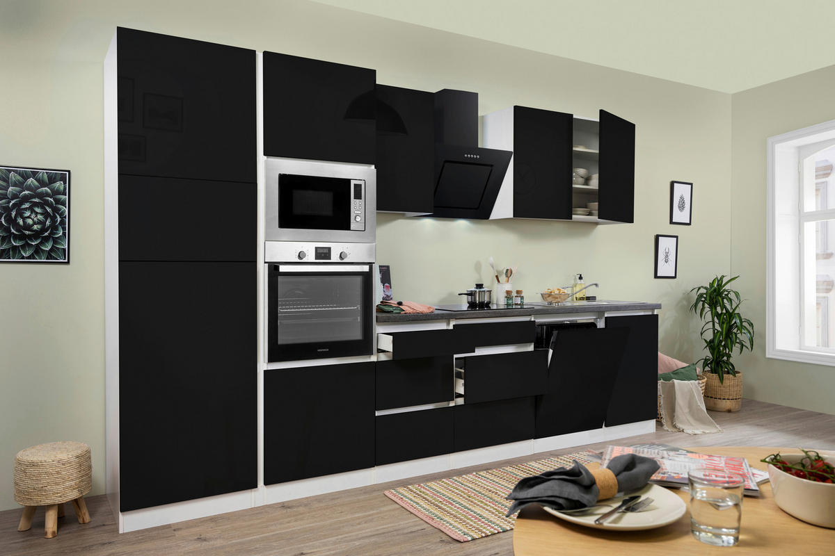 KÜCHENBLOCK 345 cm   in Schwarz Hochglanz  - Schwarz Hochglanz/Graphitfarben, Basics, Holzwerkstoff (345cm) - Respekta