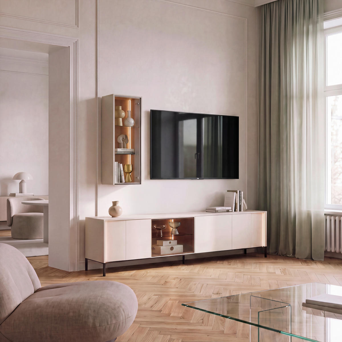 LOWBOARD BEVEL  193/58/40 cm  - Beige/Schwarz, Design, Glas/Holzwerkstoff (193/58/40cm) - Lomoco
