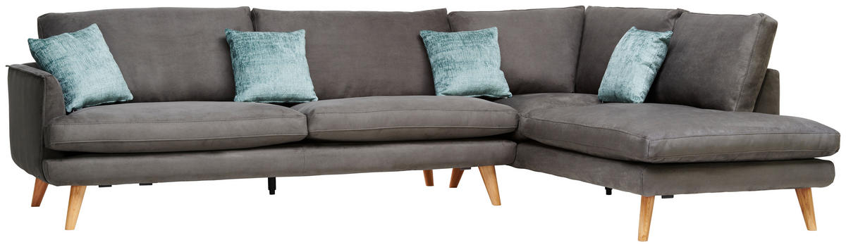 ECKSOFA in Lederlook Grau  - Eichefarben/Grau, Design, Holz/Textil (300/200cm) - Livetastic